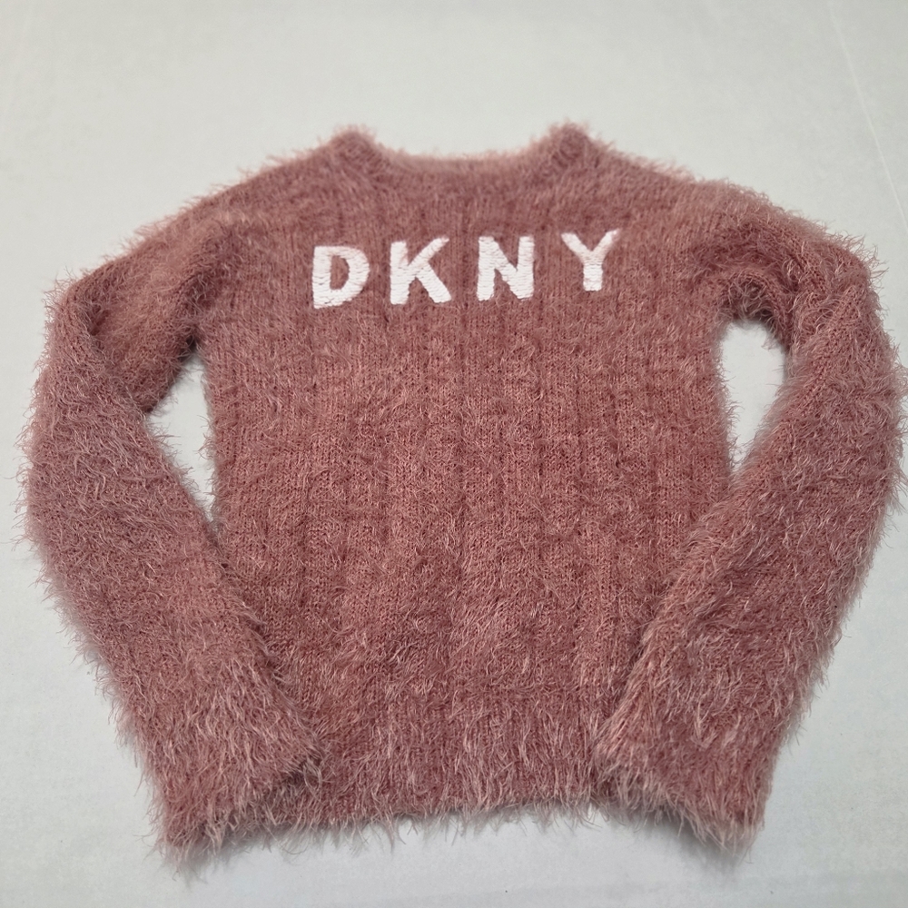 DKNY Kids Pink Fuzzy Sweater with Logo EUC Size 6
